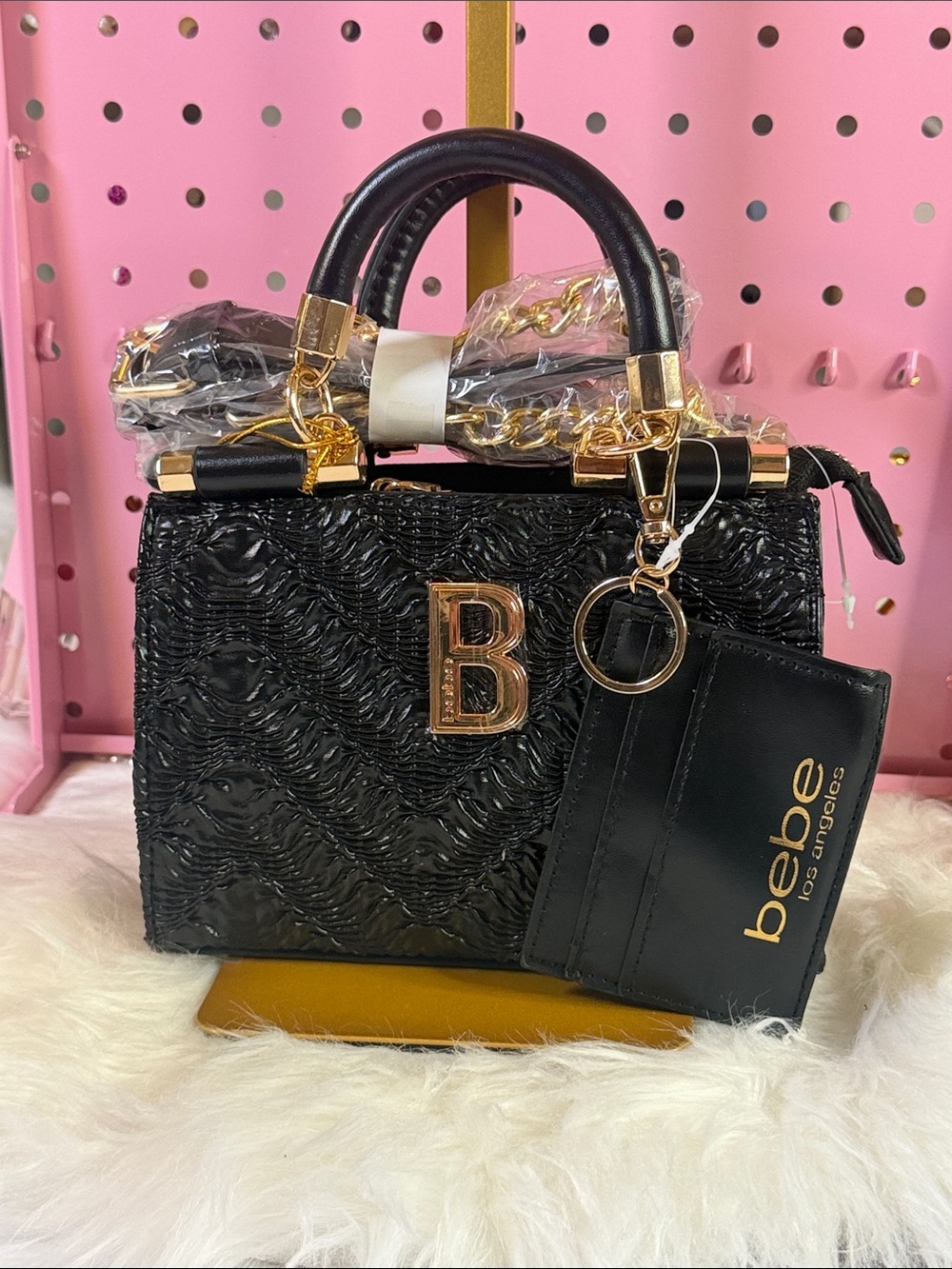 Mini bebe Black Textured Top-Handle Satchel with Gold Hardware and Cardholder